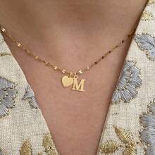 1pc Fashion Simple Heart Initial Golden Stainless Steel Lip Chain Necklace For Women - Yellow Gold - View 1