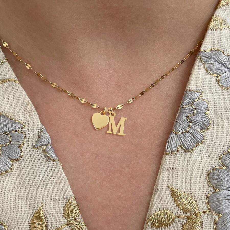1pc Fashion Simple Heart Initial Golden Stainless Steel Lip Chain Necklace For Women - Yellow Gold - View 1