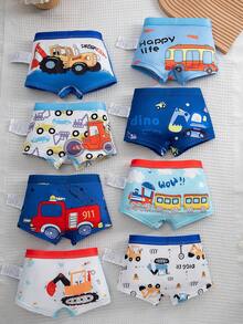 8pcs/Pack Boys' Underwear Briefs With Construction Vehicle Print, Contrast Waistband, Comfortable Boxer Shorts - Blue and White - View 1