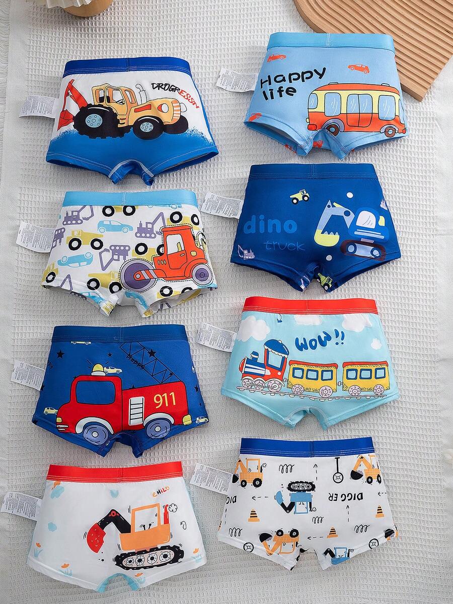 8pcs/Pack Boys' Underwear Briefs With Construction Vehicle Print, Contrast Waistband, Comfortable Boxer Shorts - Blue and White - View 1