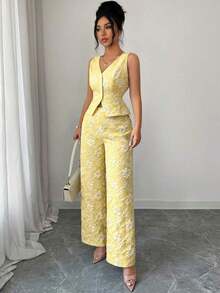 Conjunto de 2 piezas de chaleco y pantalones azules de estilo elegante y casual para uso diario y de negocios, con estampado de margaritas africanas y relieve de jacquard, para mujer - Amarillo claro - Ver 6