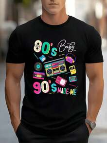 Vibrant Memories Of 80s And 90s Pop Culture With Cassette Tapes, Portable Radios, Records And Retro Colors On A Men's T-Shirt, 100% Cotton, 220g - 黑色 - 查看 1