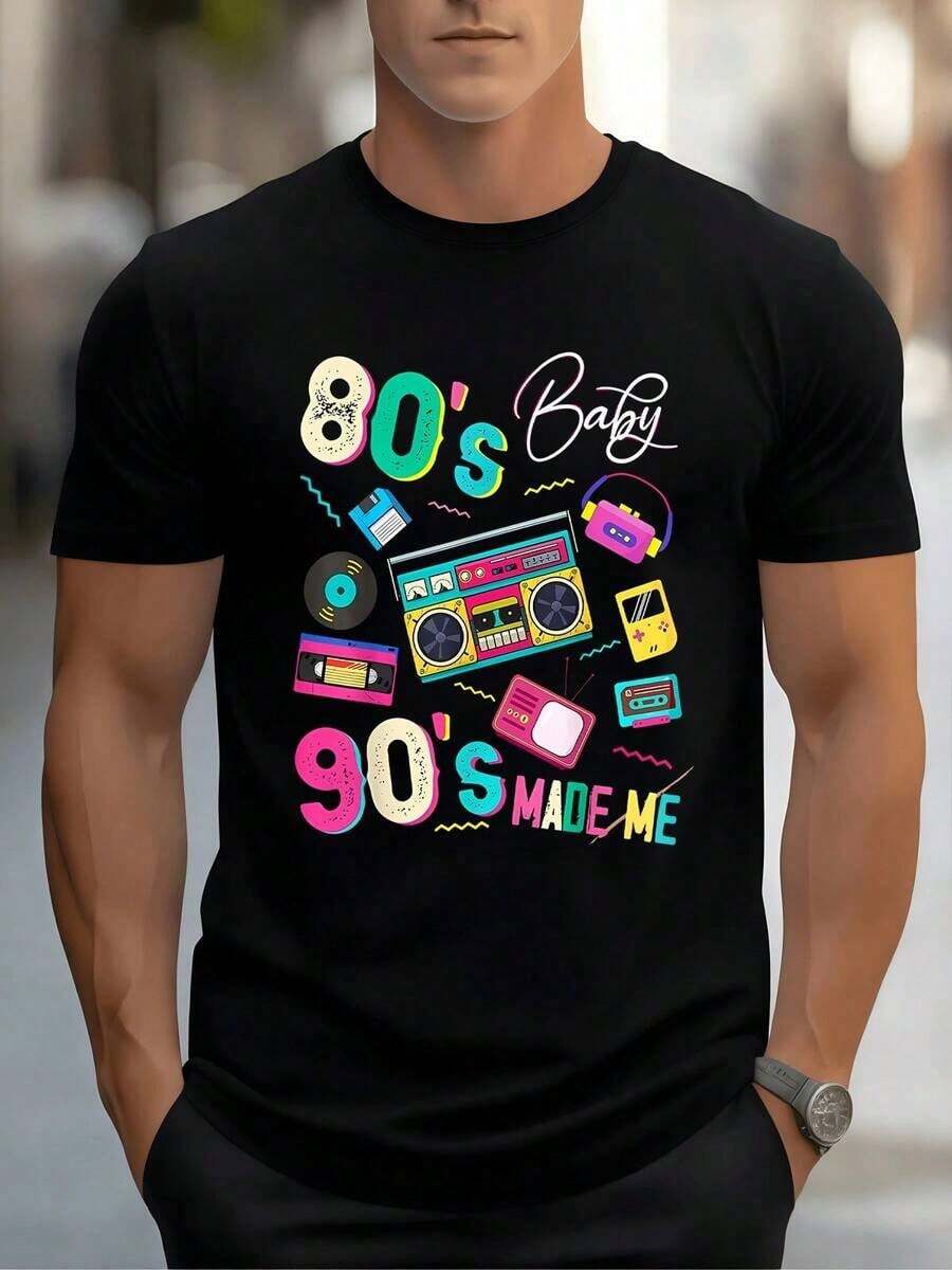 Vibrant Memories Of 80s And 90s Pop Culture With Cassette Tapes, Portable Radios, Records And Retro Colors On A Men's T-Shirt, 100% Cotton, 220g - 黑色 - 查看 1