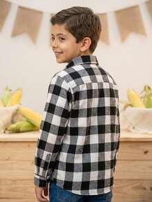 Boys' Plaid Shirt, Long Sleeve, Red/Black, Flannel, For June Festivals, Winter. - Black - View 3