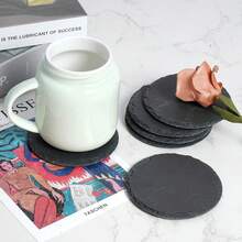 7pcs Natural Stone Coasters, Suitable For Laser Engraving, Round Thick Stone Coasters, Scratch-Resistant Bottom, Compatible With Laser Engraving, Home Desk Protection Pad, Bar Decor, Gift (Black Stone) - Black - View 2