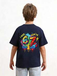 Camiseta Colorida para Niño Adolescente con Estampado Creativo "AQUÍ ESTABA 6, AHORA TENGO 7", Adecuada para Actividades, Uso Casual, Fiestas, Regalo de Cumpleaños para Niño Adolescente, Fiesta de Cumpleaños, Regalo Ideal para Celebración de Cumpleaños, Camiseta de Verano a la Moda - Negro - Ver 2