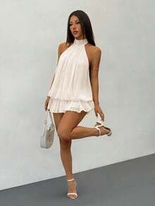 Vestido mini elegante sin mangas con cuello de corbata en amarillo pálido, adecuado para fiestas, citas, otoño/invierno y primavera/verano - Albaricoque - Ver 1