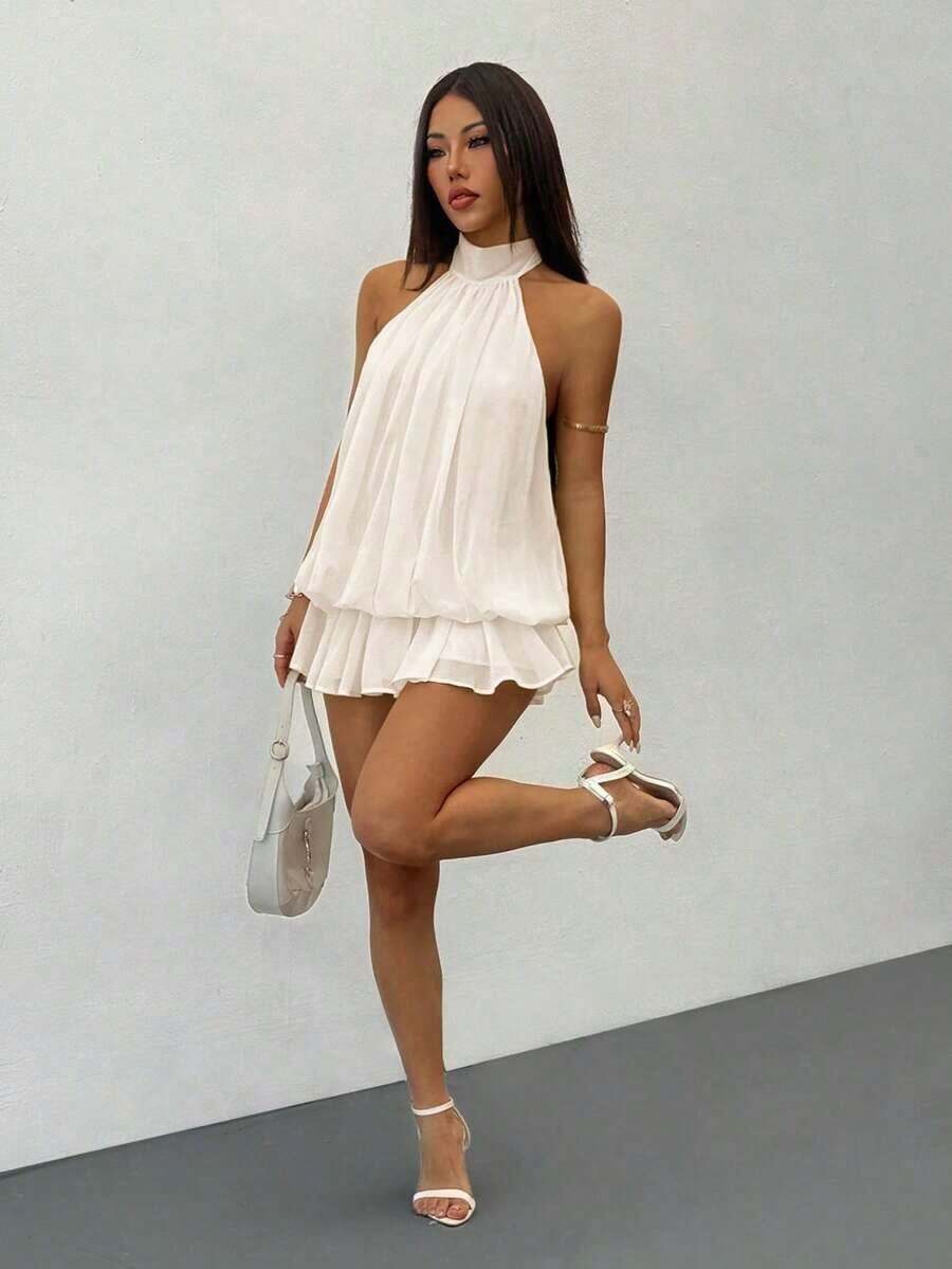Vestido mini elegante sin mangas con cuello de corbata en amarillo pálido, adecuado para fiestas, citas, otoño/invierno y primavera/verano - Albaricoque - Ver 1