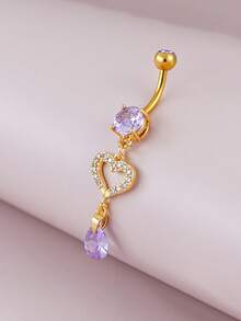 BR211 Creative Women's Heart-Shaped Zirconia Long Navel Ring Sexy Women's Piercing Body Jewelry - Yellow Gold - View 6