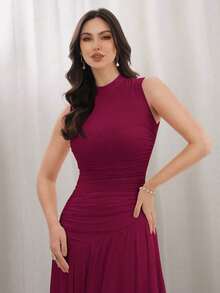 Vestido largo de noche de unicolor y estilo simple sin mangas para mujer - Albaricoque - Ver 11