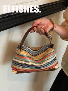 Woven Straw Crossbody Bag, Bohemian Style Handbag With Leather Decor, Lightweight Summer Beach Bag For Women, Detachable Strap, Essential For Casual & Holiday - Multicolor - View 7
