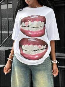 Y2K - Women's T-Shirts With Lip Print, Round Neck, Short Sleeve, Loose Fit And Versatile Shirt - Blanco C - 查看 2
