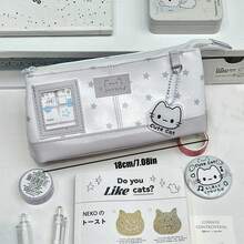 1pc Cute Gray Star Little Cat Pencil Case, Large Capacity Multi-Functional Organizer, Makeup Bag, Lightweight And Portable. Perfect Back-To-School Gift. - Gray Star Kitten - View 5