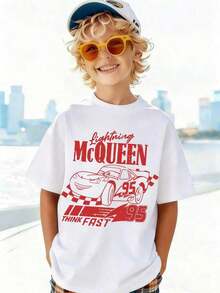 Disney Shining Boy (Double-Sided Print): Cars: Lightning McQueen, Themed Cartoon Print, Casual And Simple Short Sleeved T-Shirt, Suitable For Spring And Summer Seasons, Suitable For Boys And Girls To Wear. Festival Gift - trắng - Xem 1