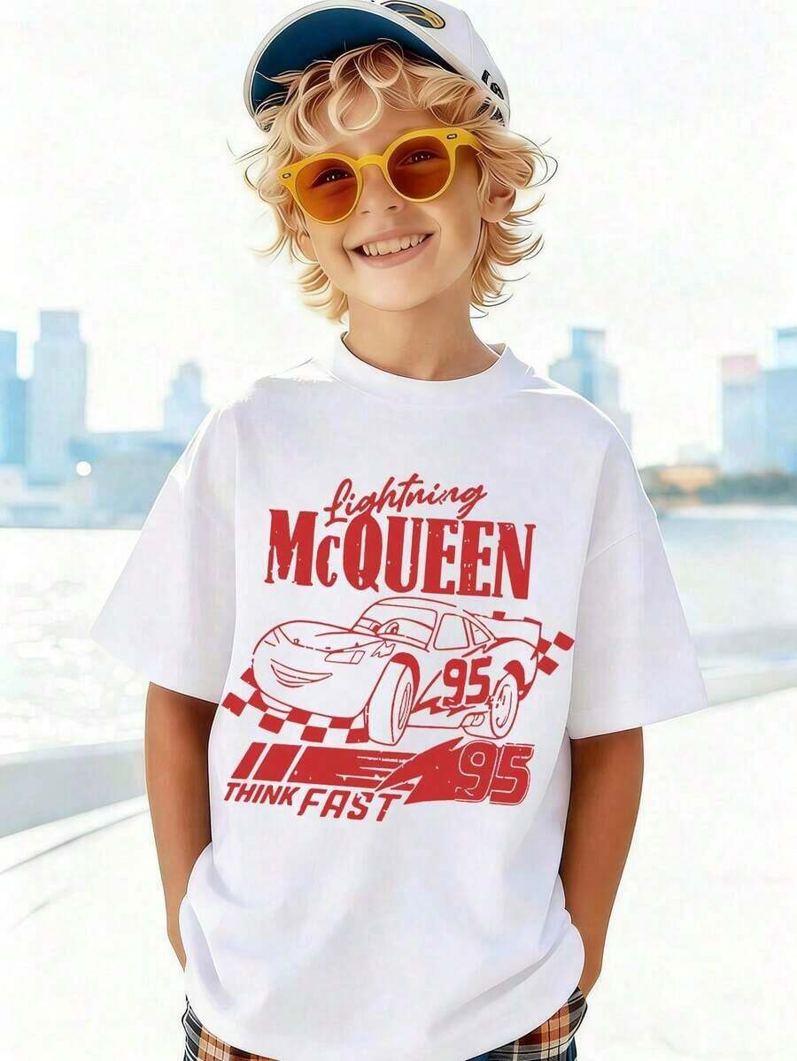Disney Shining Boy (Double-Sided Print): Cars: Lightning McQueen, Themed Cartoon Print, Casual And Simple Short Sleeved T-Shirt, Suitable For Spring And Summer Seasons, Suitable For Boys And Girls To Wear. Festival Gift - trắng - Xem 1