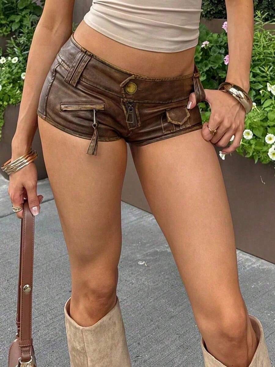 Women's Distressed Leather Mini Shorts With Wide Waistband & Utility Zipper Detailing - Retro Moto Style Featuring A Vintage Wash And Contrast Metal Hardware For Urban Edge - Brown - View 1