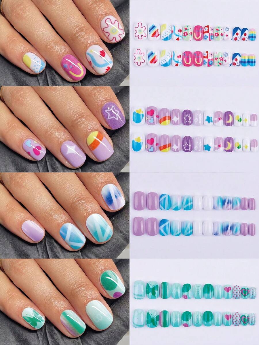 NAIO 96入/組 Y2K Baddie風格兒童穿戴式美甲貼片，壓克力材質，預塗凝膠，全覆蓋，閃亮可愛漸層，包含花朵、蝴蝶、彩虹、愛心、波點等元素。短款兒童黏貼美甲套組，適合小女孩 - 可愛花卉主題 - 彩色 - 查看 1