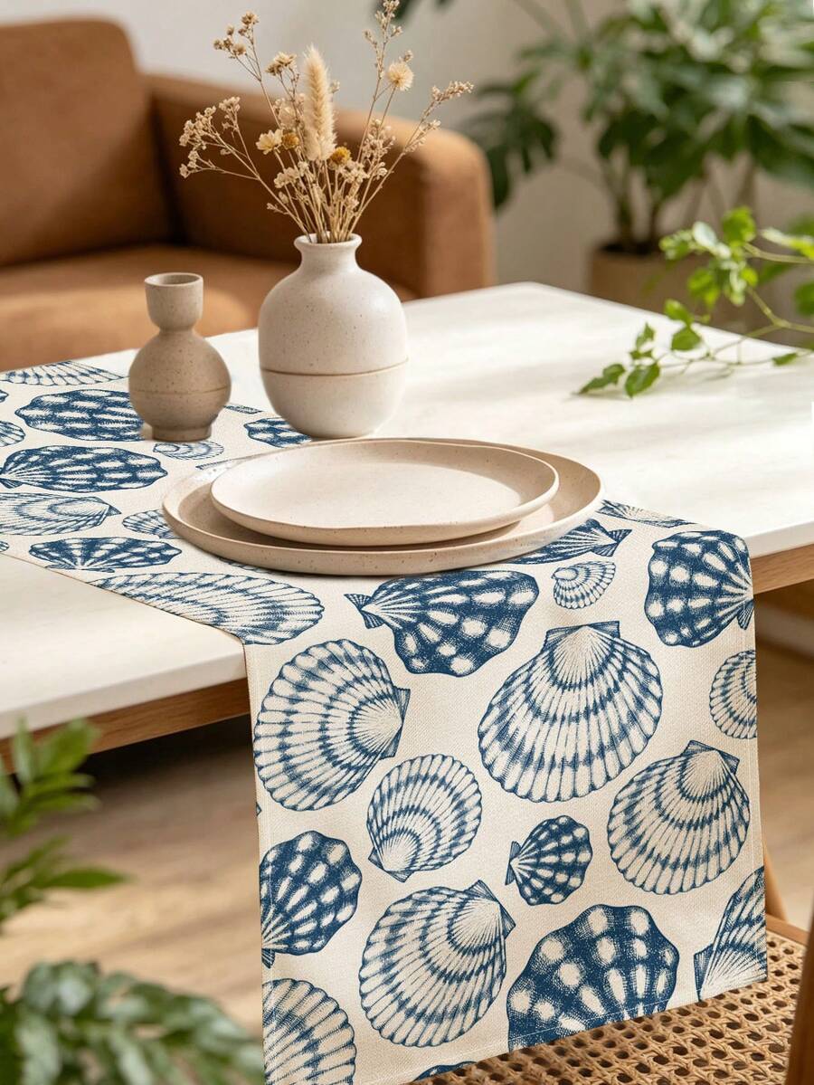 1pc Vintage Blue & White Shell Pattern Linen Table Runner, Suitable For Holidays, Parties, Birthdays, Dinners, Kitchen & Dining Room Decor, Shoe Cabinet Cover, All-Season Home Decor & Textile - Multicolor - View 1