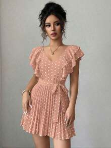Vestido elegante y romántico para vacaciones con cuello en V con volantes, cintura ceñida y estampado de lunares en forma de línea A para mujeres - Multicolor 10 - Ver 3