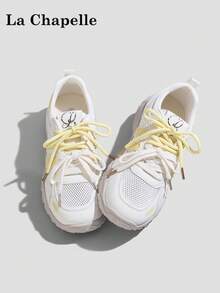 1 par de zapatillas casuales de suela gruesa con cordones para mujer La Chapelle, de punta redonda, tacón bajo plano, adecuadas para estudiantes, fotos de graduación, senderismo, zapatos de skate de suela blanda y de cuero de caña baja - Amarillo limón - Ver 3