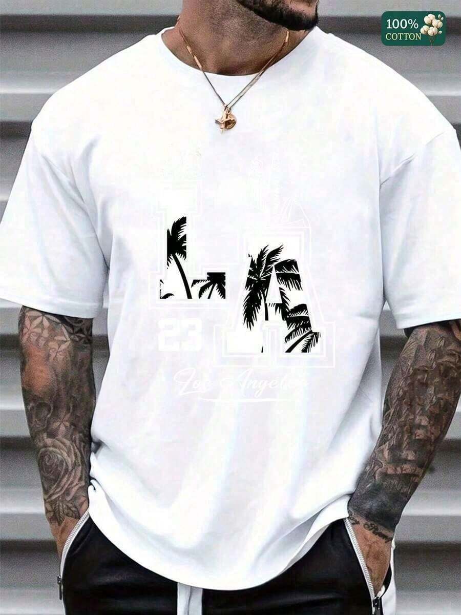 New Arrival Summer 2026 [100% Cotton] Men's Classic T-Shirt With Graphic Print Of The Los Angeles Skyline And Palm Trees, Retro Black And White Design, Soft Cotton, Casual Summer Clothing For Men Who Love Urban Style, All-Day Comfort With Classic Fit - 白色 - 查看 1
