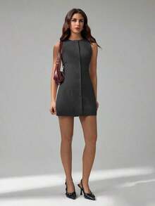 Women's Tall Sleeveless Button Front Mini Dress - Dark Grey - View 3
