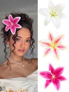 1/3pcs Lily Flower Hair Clips, Artificial Hawaiian Flower Hair Clips Suitable For Students, Women, Summer Beach, Party, Wedding, Holiday Gift,Hair Claws,Clips For Hair - Multicolor - View 7