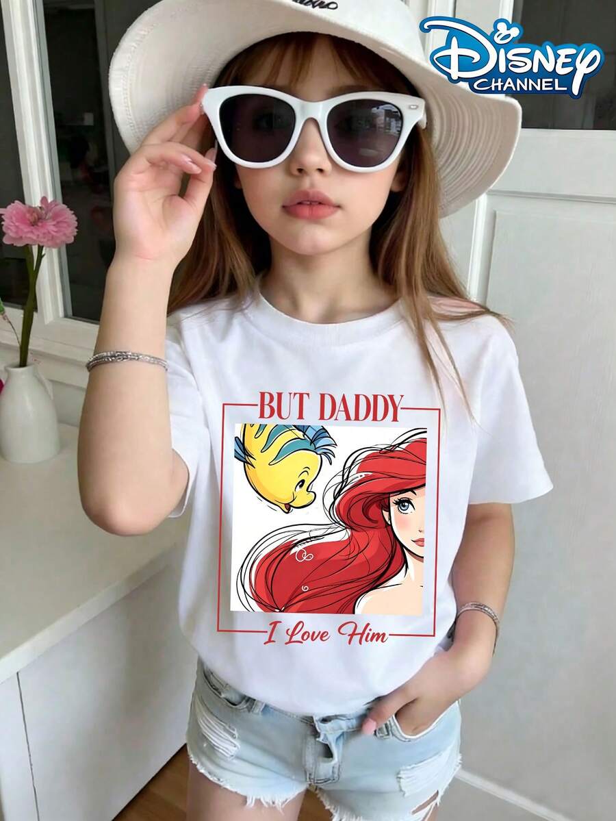 Disney Mermaid Ariel T-Shirt, Mermaid Themed Ariel With Flounder Artistic Cartoon Children's Short Sleeve T-Shirt Pattern Summer Tops,Short-Sleeved Casual And Cute Style Children's Clothing Design, Girl Clothes For Kids Clothes ,Ropa Para Niños,Teen Girls Clothes, Summer Clothes,Boys Summer Outfits,Boys Clothes,Perfect For Cool Girls. Comfortable And Breathable Children's Short-Sleeved T-Shirt. Comfortable And Casual Wear All Year Children's Clothes,Comfortable & Lightweight, Iconic Print For Mix-And-Match Outfits,Suitable For Both Boys And Girls. - 白色 - 查看 1