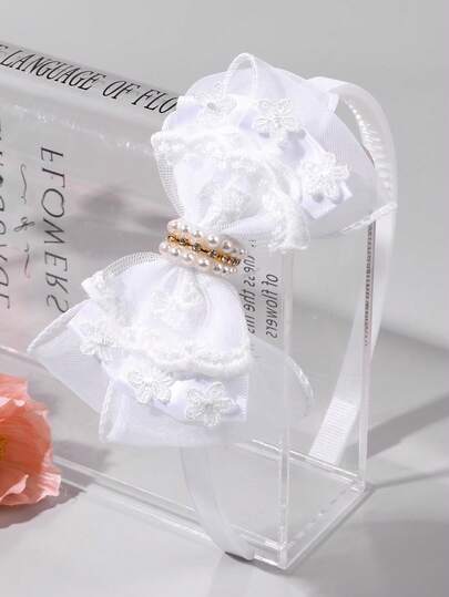 1pc Delicate White Lace Bow Headband, Floral Pearl Rhinestone Lace Bow Headband, Gentle Elegant Princess Style Headband, Girls & Teens Hair Accessory, Suitable For Daily Life, School, Wedding, Party, Stage Performance, Photography, Vacation