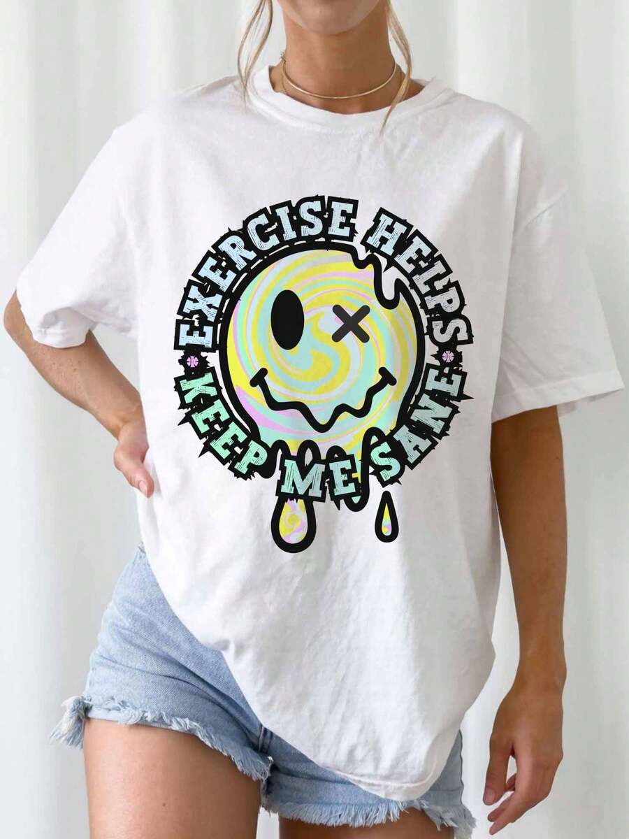 Exercise Helps Keep Me Sane Melting Smile Y2K Aesthetic Graphic Oversized T-Shirt - White - View 1