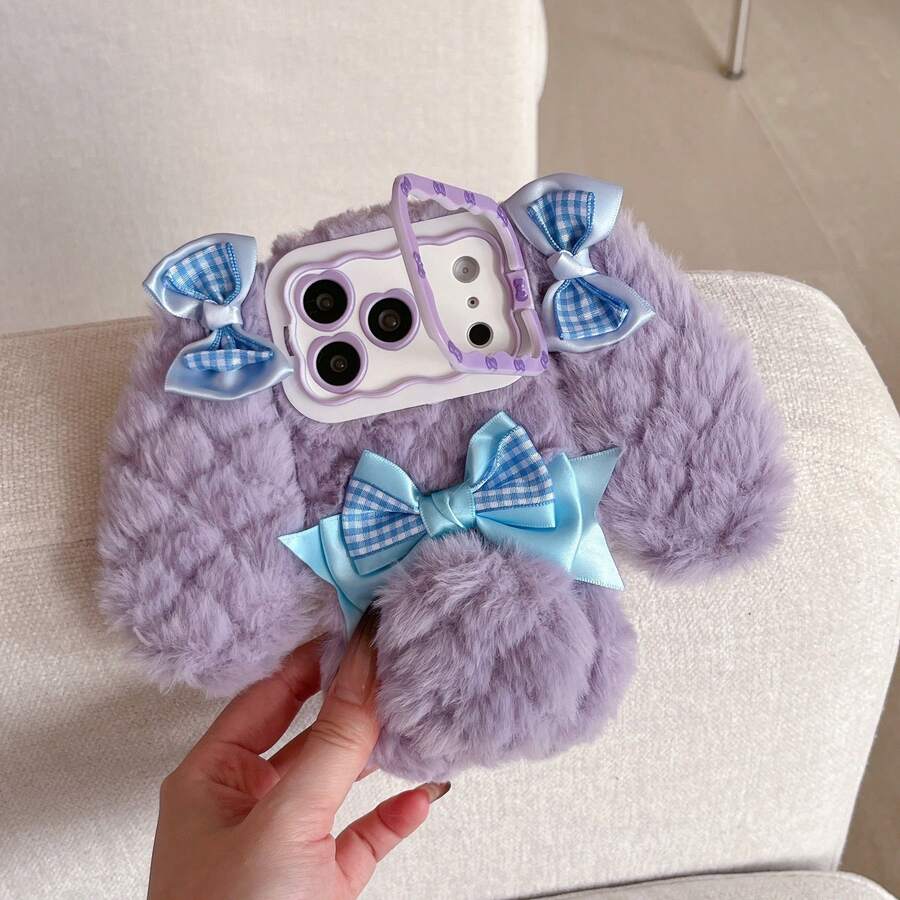 Cute Cartoon Plush Bow Rabbit Stand Phone Case Compatible With Iphone 17 Pro Max/17 Pro/14/15 Pro Max/15 Pro/15/16 Pro Max/16 Pro/16, New 13/11/12, Soft Fluffy Protective Cover
