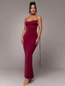 xheSilquee Vestido elegante y sexy de color rojo liso con espalda descubierta, ruedo de sirena y cuello de halter, adecuado para cóctel, cita romántica, vestido de malla de punto, fiesta, boda, Halloween, Navidadxhe - Burdeos - Ver 7