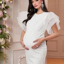 Vestido de embarazo de cuello redondo, mangas con volantes, espalda abierta, estilo largo y ajustado, elegante y juvenil para embarazadas - Blanco - Ver 10