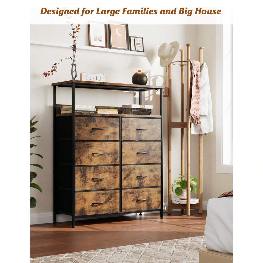 Tall 8 Drawer Chest With Double Shelves Large Storage For Bedroom Home - Rustic Brown - View 1