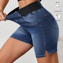 YijiaNvz  Tall Shorts vaqueros para mujer, shorts casuales elásticos y ajustados, shorts vaqueros azules para mujer, shorts vaqueros para mujer, shorts de verano para mujer, shorts vaqueros, shorts para mujer - Lavado ligero - Ver 2