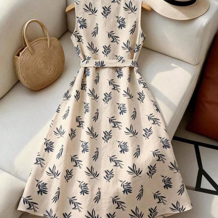 Vestido de mujer con cuello redondo, sin mangas, con estampado botánico y botones delanteros - Azul cielo - Añade 3