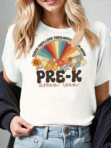 Under The Radar Bestseller: Short-Sleeved Crew Neck T-Shirt For Preschool Teachers, Featuring The Slogan "Teach Them To Love, Care, And Watch Them Grow," With Rainbow And Floral Designs. Suitable For Preschool Teachers And Childcare Workers, Made Of Pure Cotton For All Seasons. Casual Fit - Unisex Urban Vintage Style, Loose-Fitting Cotton Short-Sleeved Crew Neck T-Shirt. - 白色 - 查看 5