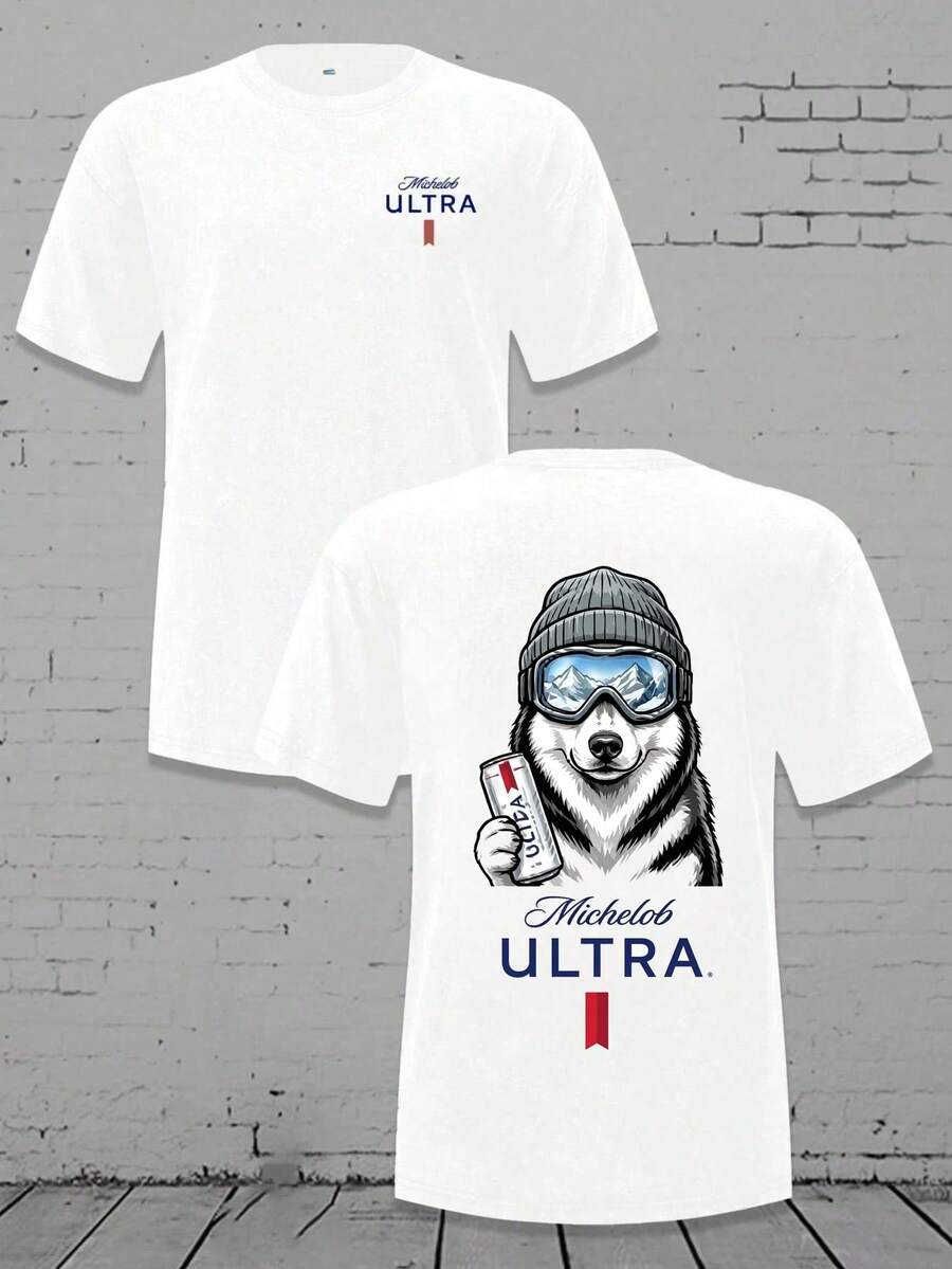Men's Loose Crewneck T - Shirt - Michelob Ultra Cool Dog (Sunglasses & Cap) Graphic, 220g Soft Cotton Tee,Mens Clothes,Graphic T Graphic Tees - 白色 - 查看 1