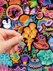 60pcs Colorful Neon Stickers Cartoon Inspirational Decorative Stickers For Laptop Suitcase Scrapbook Diy Decor - A - View 7