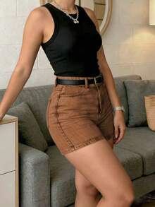 Women's Fashionable Brown Denim Shorts, Casual Button Detail Straight Leg Denim Shorts, Medium Stretch, Suitable For Daily Wear Summer, Effortless Style - Brown - View 2