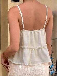 Top de encaje color albaricoque para mujer, de tela tejida sólida con empalmado de encaje, adecuado para citas, vacaciones y verano en la playa - Albaricoque - Ver 6