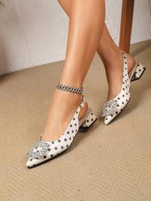 3cm Crystal Glass Button Suede Thick Heel Pumps, Comfortable Commuting Sandals For Women - Apricot - View 1