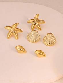 2/10 piezas Conjunto de aretes de moda para mujer en tono dorado, que incluye estrella de mar, concha, caracol, lágrima larga, aretes con forma de rosquilla, perfectos para vacaciones en la playa, viajes, uso en fiestas - Dorado - Ver 5