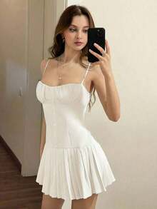Vestido mini de verano de mujer elegante de salir, de unicolor y plisado - Blanco - Ver 3