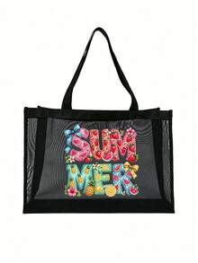 大容量網格托特包套組，印有「Summei」圖案的網格包，網格沙灘包手提包，網格化妝品收納包，可折疊大容量沙灘包，字母裝飾網格沙灘包單肩包，適合女性的個性化禮品包，適合女友、妻子、母親，母親節禮物，夏季度假、工作和旅行的理想選擇 - 彩色 - 查看 13
