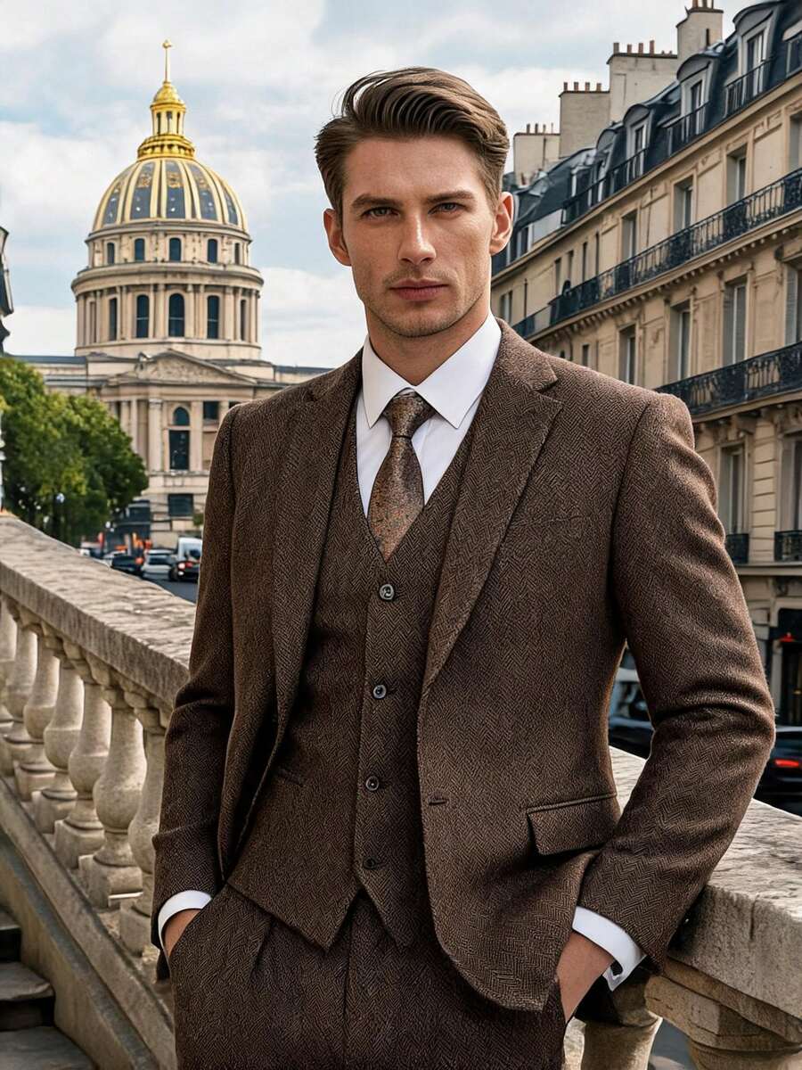 Bộ vest nam 3 món Furuyal Thu/Đông chất liệu vải tweed xương cá, màu trơn, kiểu dáng ôm sát, áo khoác đơn cài khuy, áo gile và quần tây, phù hợp cho các buổi dạ hội, tiệc tùng và các dịp khác, thể hiện phong cách quý ông cổ điển. - Cà phê nâu - Xem 1