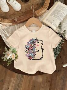 Solo hay una camiseta de manga corta a la .Camiseta para Niña con Estampado de Erizo, Estilo Casual, Cuello Redondo, Blusa de Verano - Negro - Ver 1
