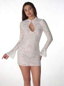 Spring Party Dress: Fitted Mini, Flared Sleeves And Hollow Lace Details – Elegant Look - 白色的 - 查看 6