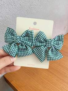 2pcs Girls' Minimalist Versatile Dual-Tone Plaid Bow Hair Clips, Suitable For Daily Wear And Back To School Season - Dark Green - View 4