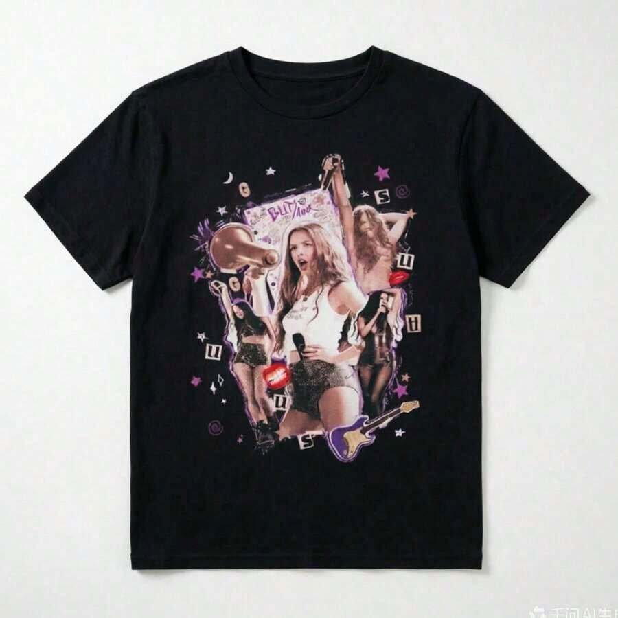 Olivia Rodrigos Drivers License T-Shirt With Name Song Title Print Crew Neck Tee Unisex Casual Black Top Women Tops - 黑色 3 - 查看 1